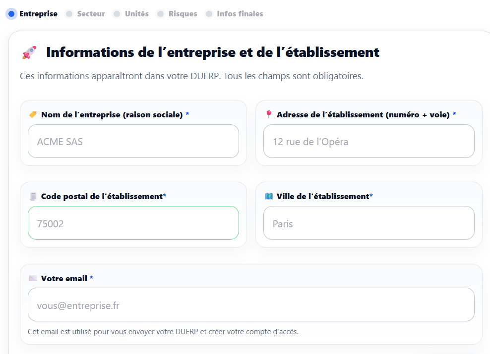 Logiciel DUERP : saisie des informations entreprise