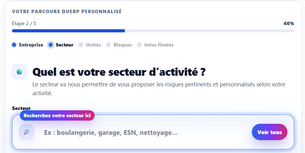 Choix du secteur d’activité dans le générateur DUERP