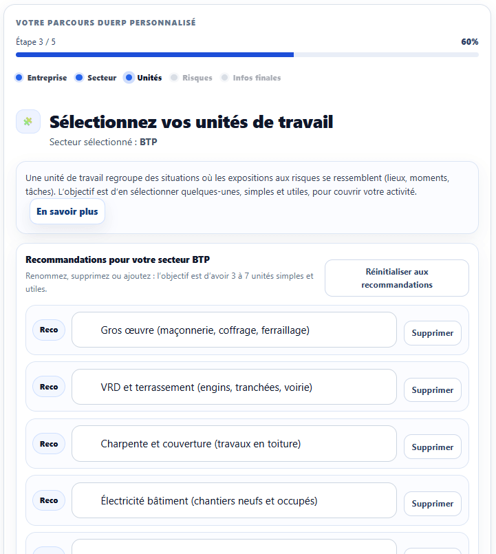 Sélection des unités de travail dans le logiciel DUERP