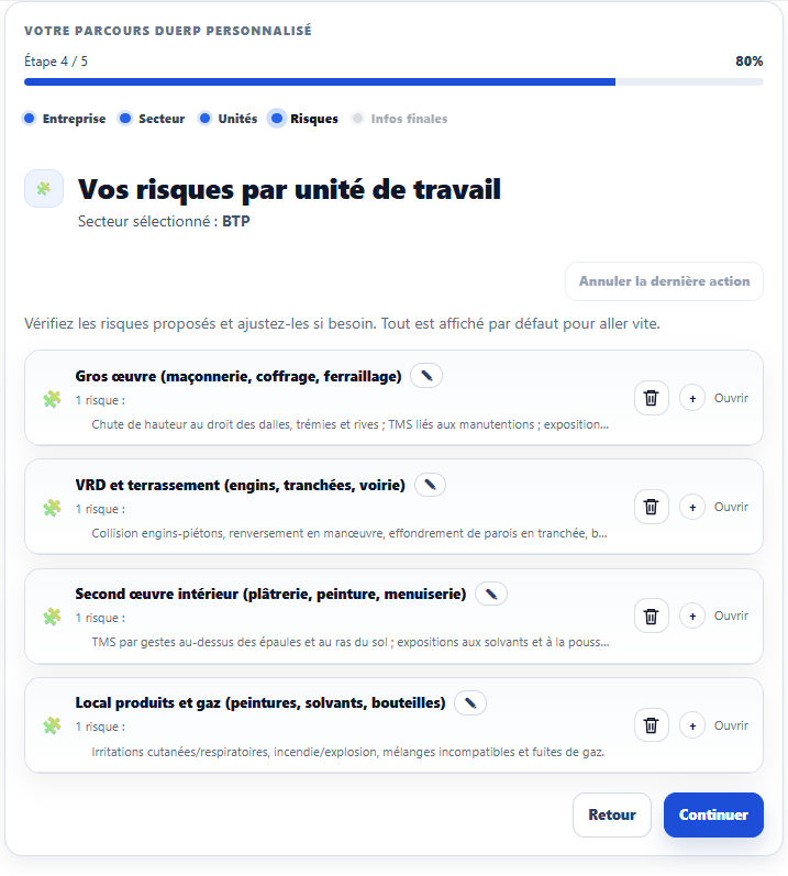 Logiciel Document Unique : risques pr&eacute;d&eacute;finis par unit&eacute; de travail