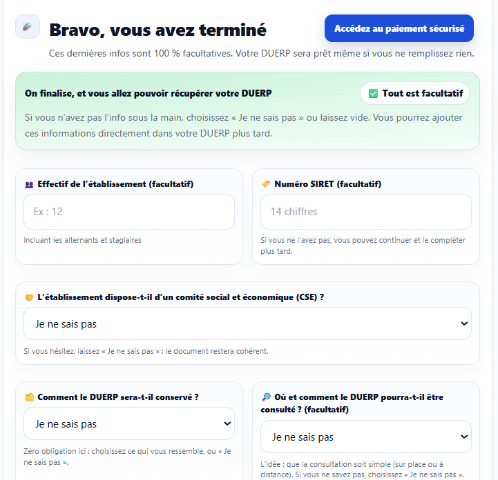 Informations finales facultatives avant la finalisation du DUERP