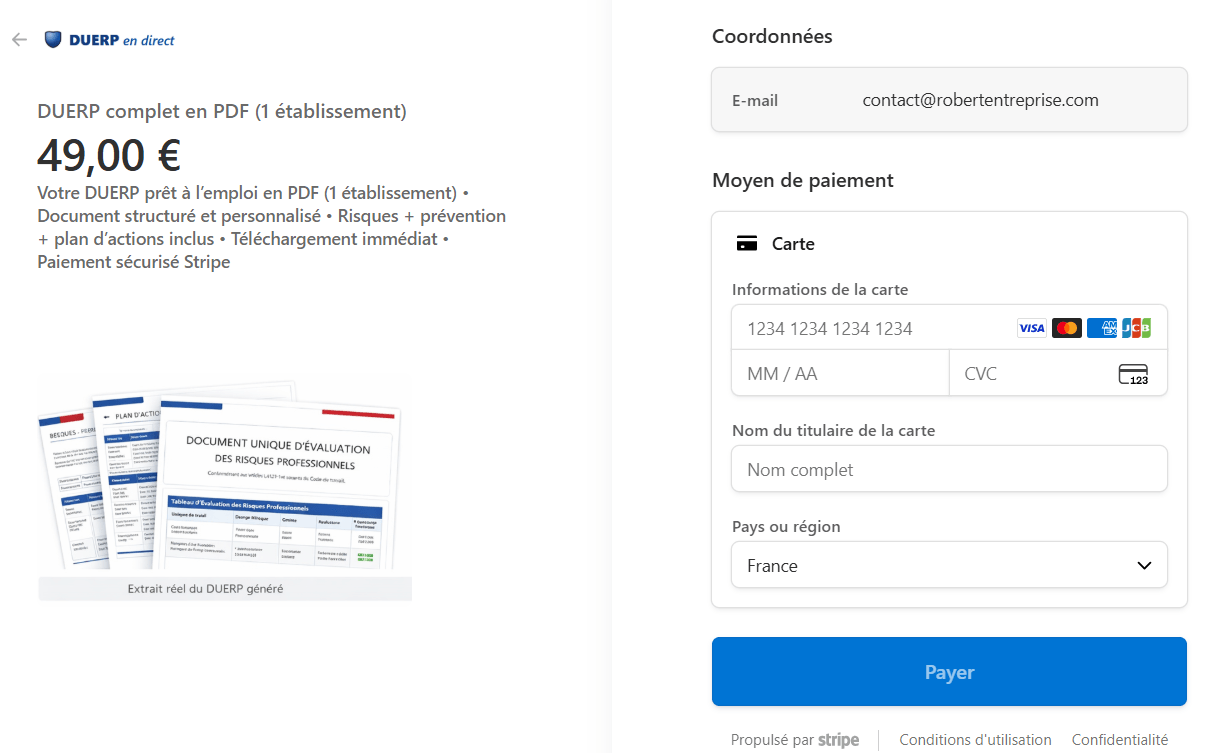 Paiement sécurisé Stripe pour récupérer immédiatement son DUERP en PDF, Word et Excel