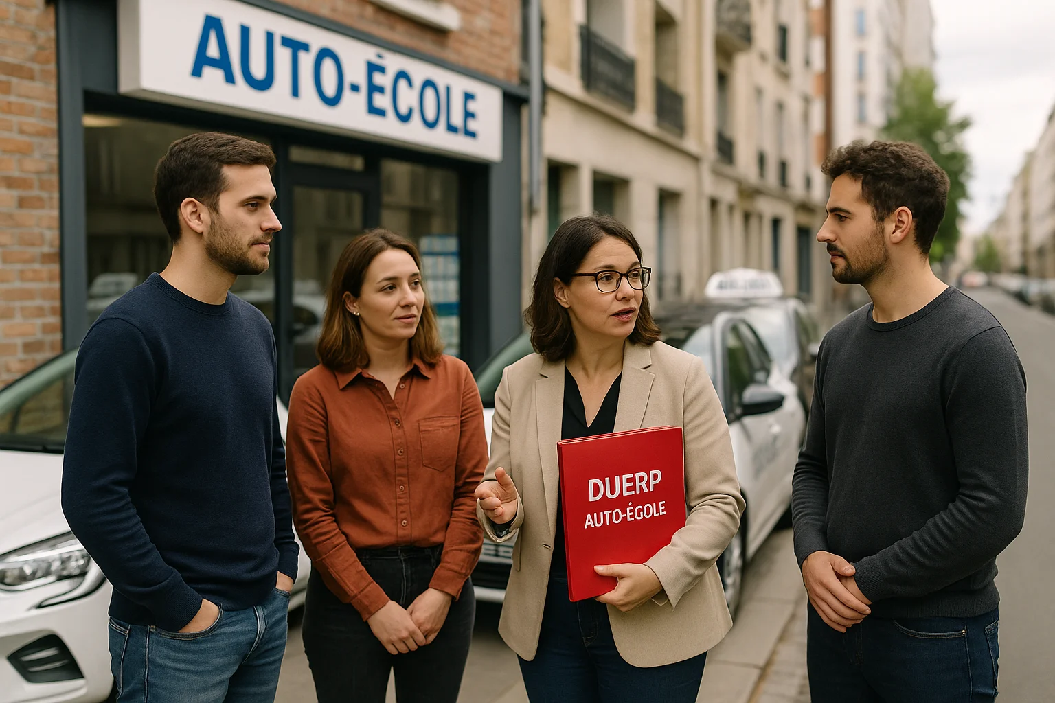 Responsable d’auto-école présentant un dossier DUERP à ses moniteurs devant l’auto-école