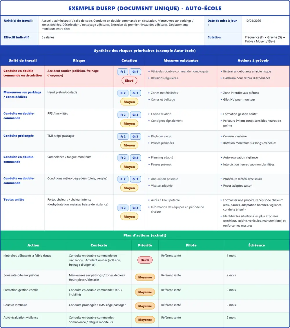 Exemple DUERP Auto-école 2026 rempli : tableau des risques et plan d'actions