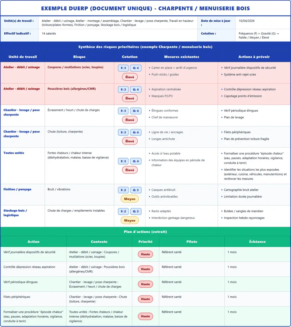 Exemple DUERP Charpente / menuiserie bois 2026 rempli : tableau des risques et plan d'actions