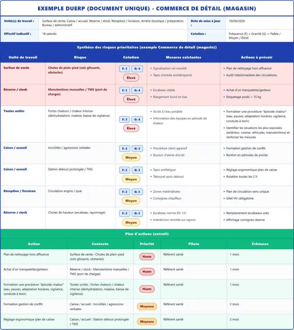 Exemple DUERP Commerce de détail (magasin) 2026 rempli : tableau des risques et plan d'actions