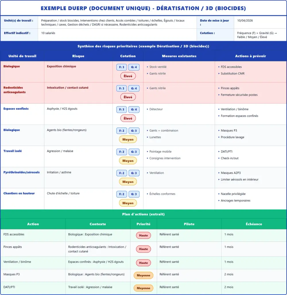 Exemple DUERP Dératisation / 3D (biocides) 2026 rempli : tableau des risques et plan d'actions