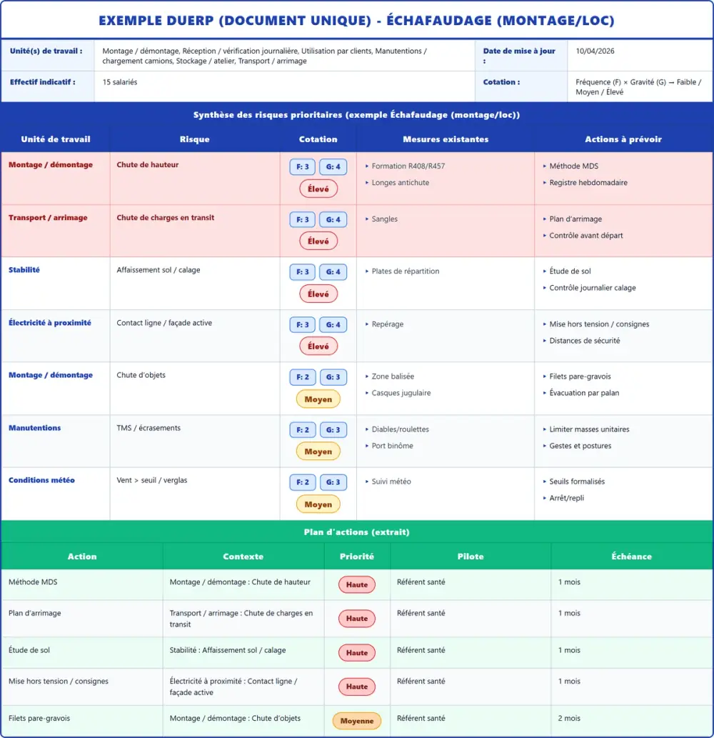 Exemple DUERP Échafaudage (montage/loc) 2026 rempli : tableau des risques et plan d'actions