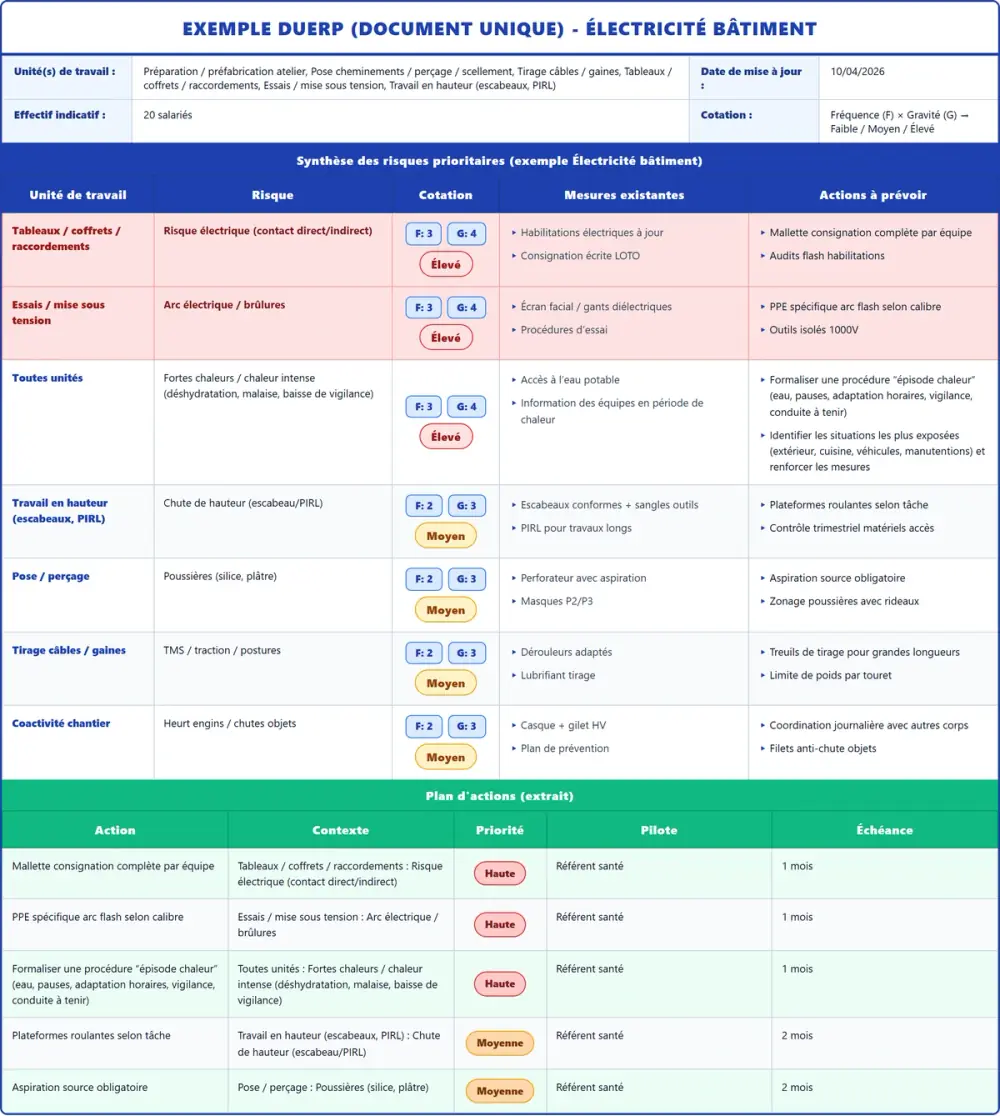 Exemple DUERP Électricité bâtiment 2026 rempli : tableau des risques et plan d'actions