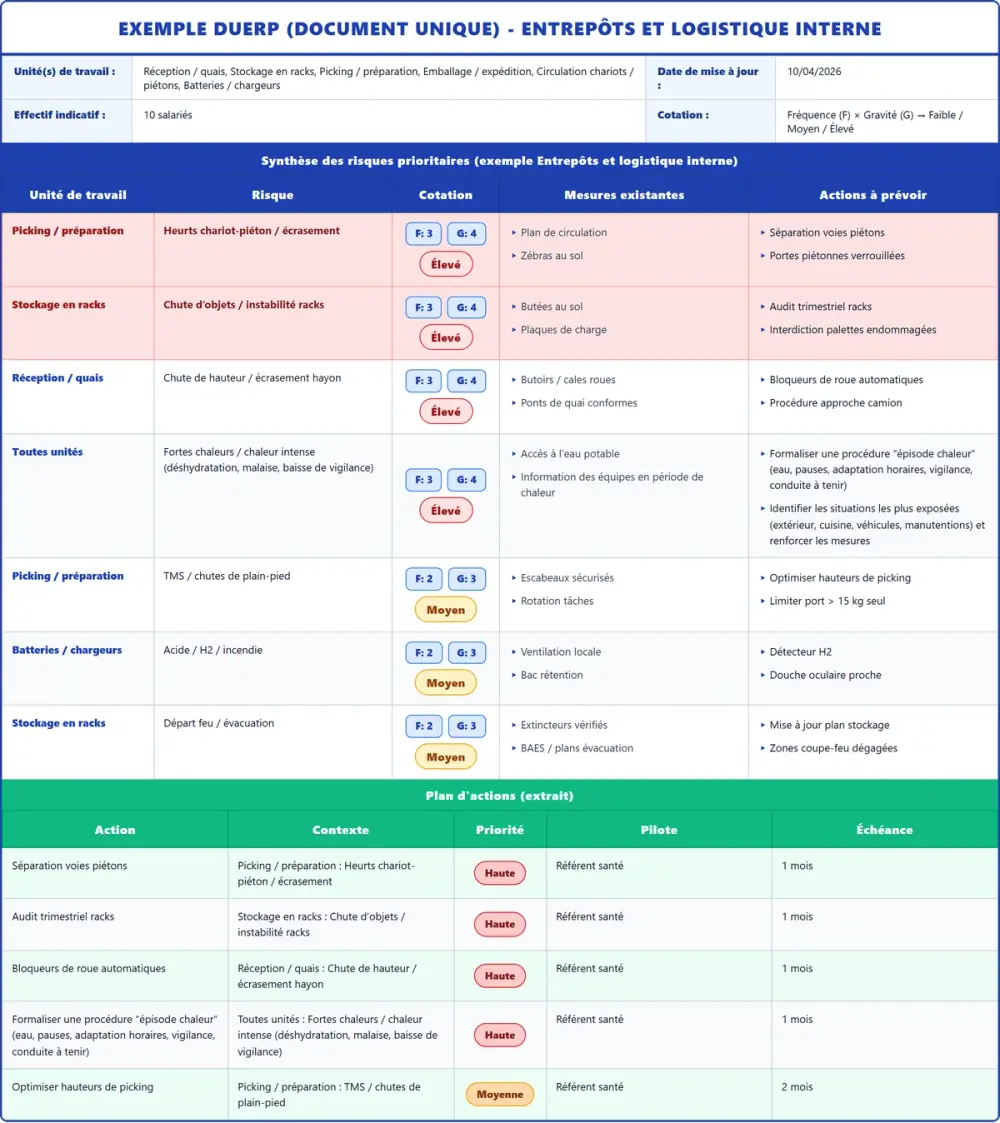 Exemple DUERP Entrepôts et logistique interne 2026 rempli : tableau des risques et plan d'actions