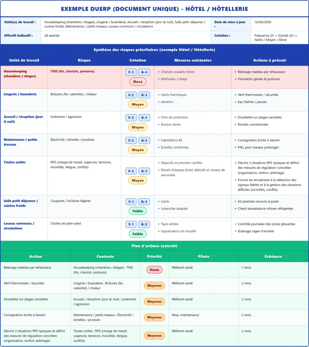 Exemple DUERP Hôtel / Hôtellerie 2026 rempli : tableau des risques et plan d'actions