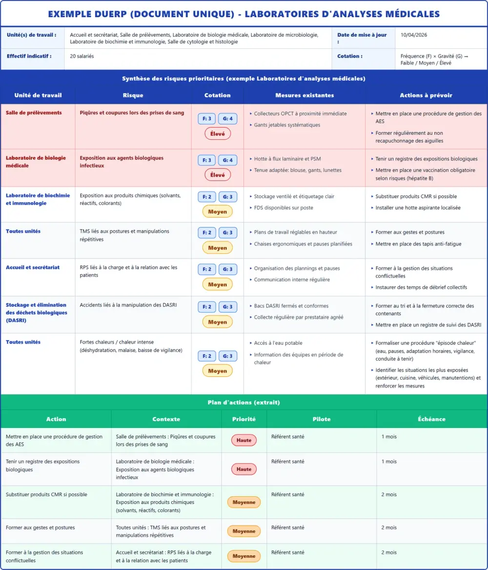 Exemple DUERP Laboratoires d'analyses médicales 2026 rempli : tableau des risques et plan d'actions