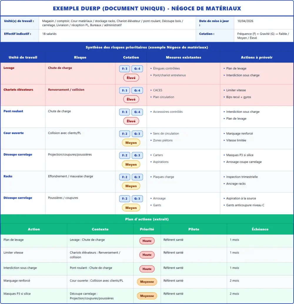 Exemple DUERP Négoce de matériaux 2026 rempli : tableau des risques et plan d'actions