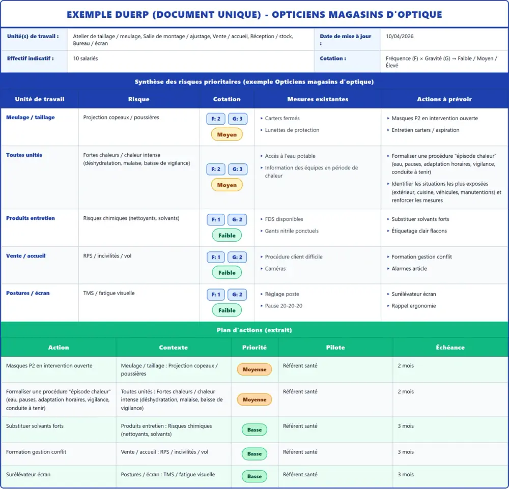 Exemple DUERP Opticiens magasins d'optique 2026 rempli : tableau des risques et plan d'actions