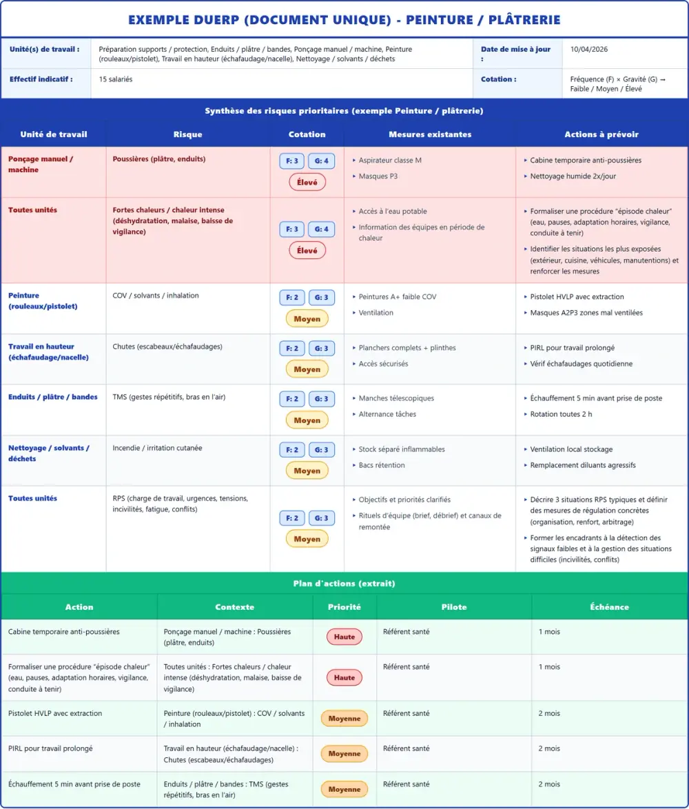 Exemple DUERP Peinture / plâtrerie 2026 rempli : tableau des risques et plan d'actions