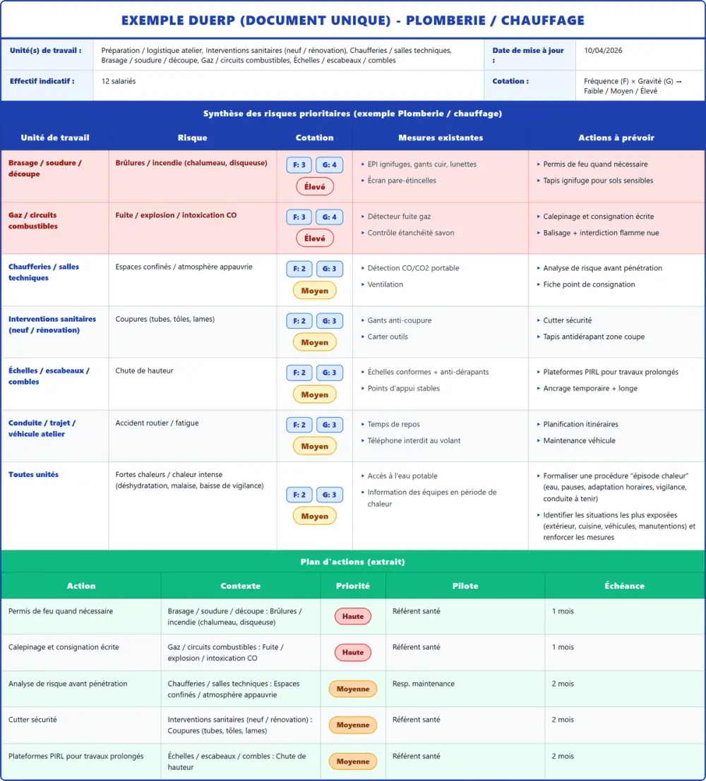 Exemple DUERP Plomberie / chauffage 2026 rempli : tableau des risques et plan d'actions