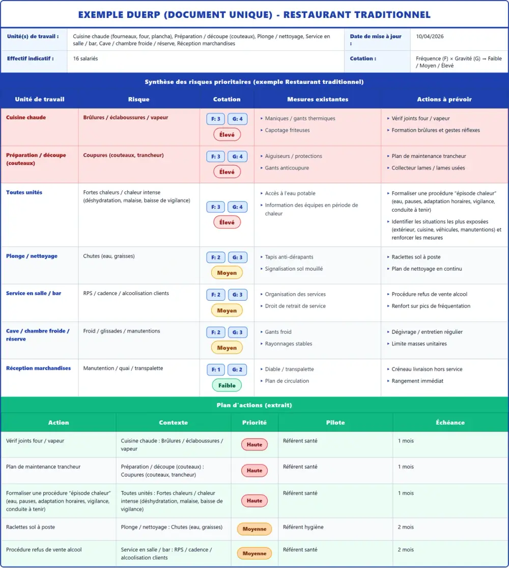 Exemple DUERP Restaurant traditionnel 2026 rempli : tableau des risques et plan d'actions
