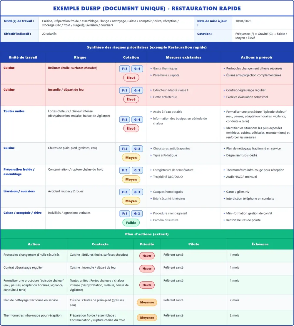 Exemple DUERP Restauration rapide 2026 rempli : tableau des risques et plan d'actions