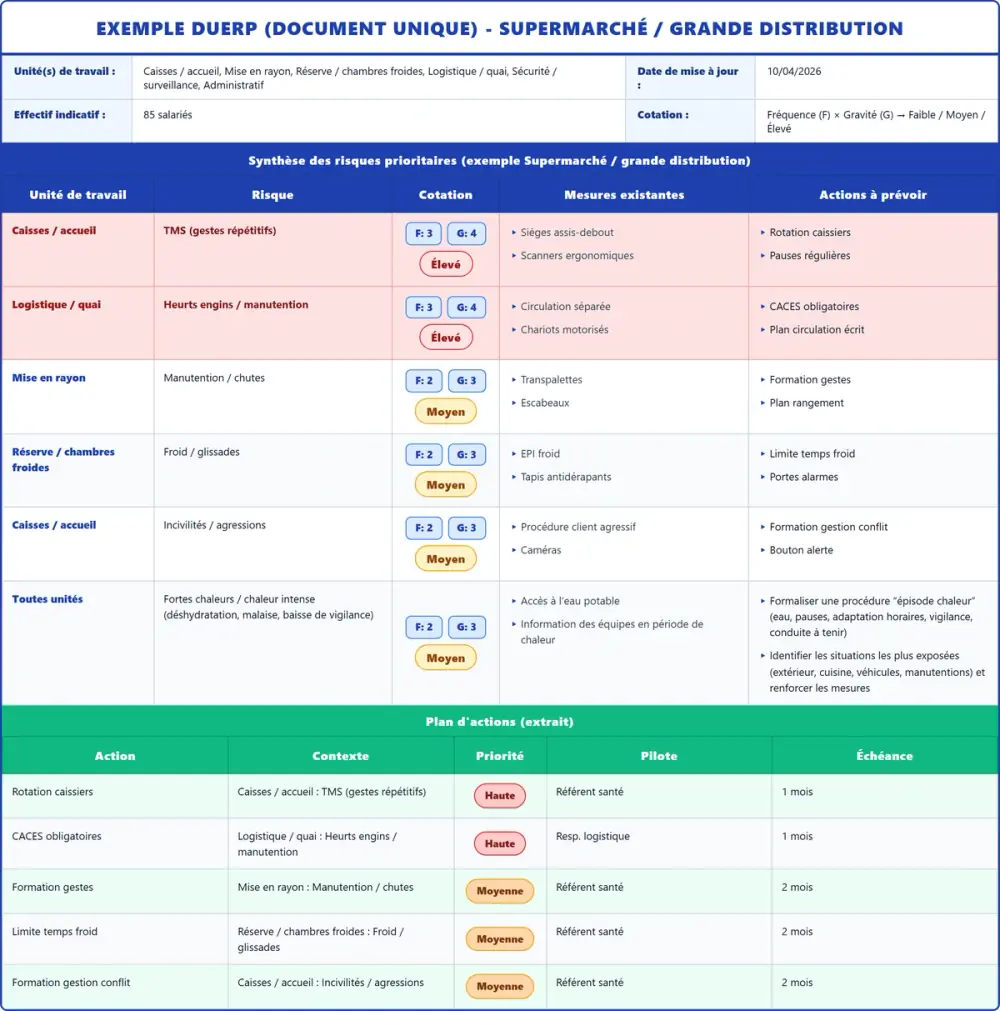Exemple DUERP Supermarché / grande distribution 2026 rempli : tableau des risques et plan d'actions