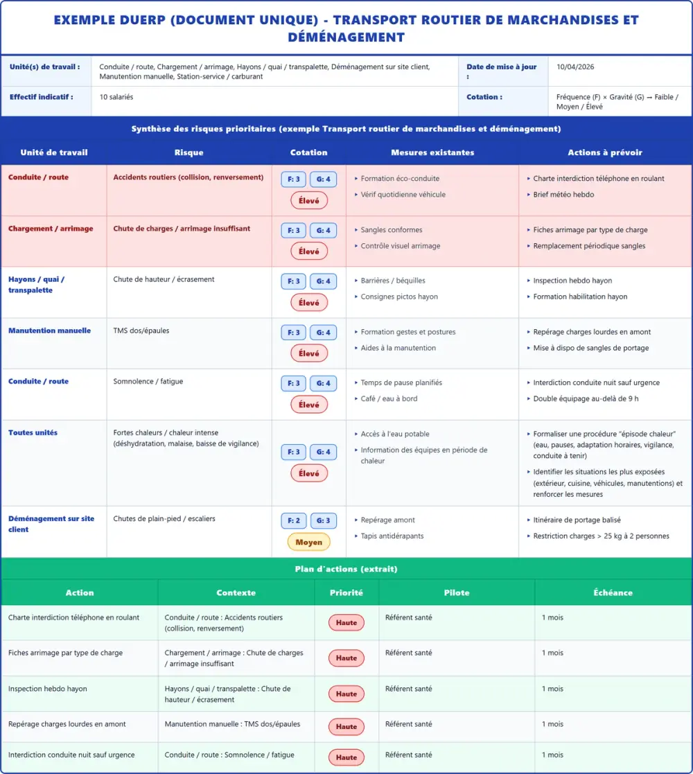 Exemple DUERP Transport routier de marchandises et déménagement 2026 rempli : tableau des risques et plan d'actions