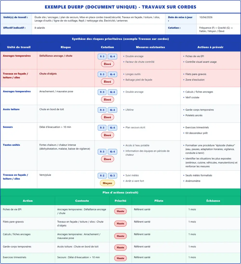 Exemple DUERP Travaux sur cordes 2026 rempli : tableau des risques et plan d'actions
