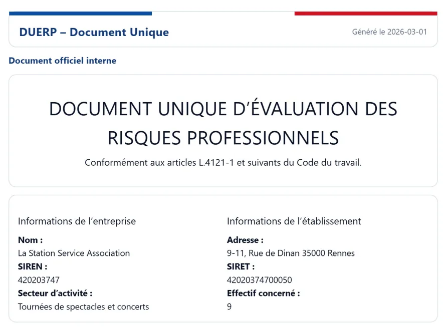 Exemple de modèle DUERP PDF gratuit prêt à imprimer, document unique d'évaluation des risques professionnels