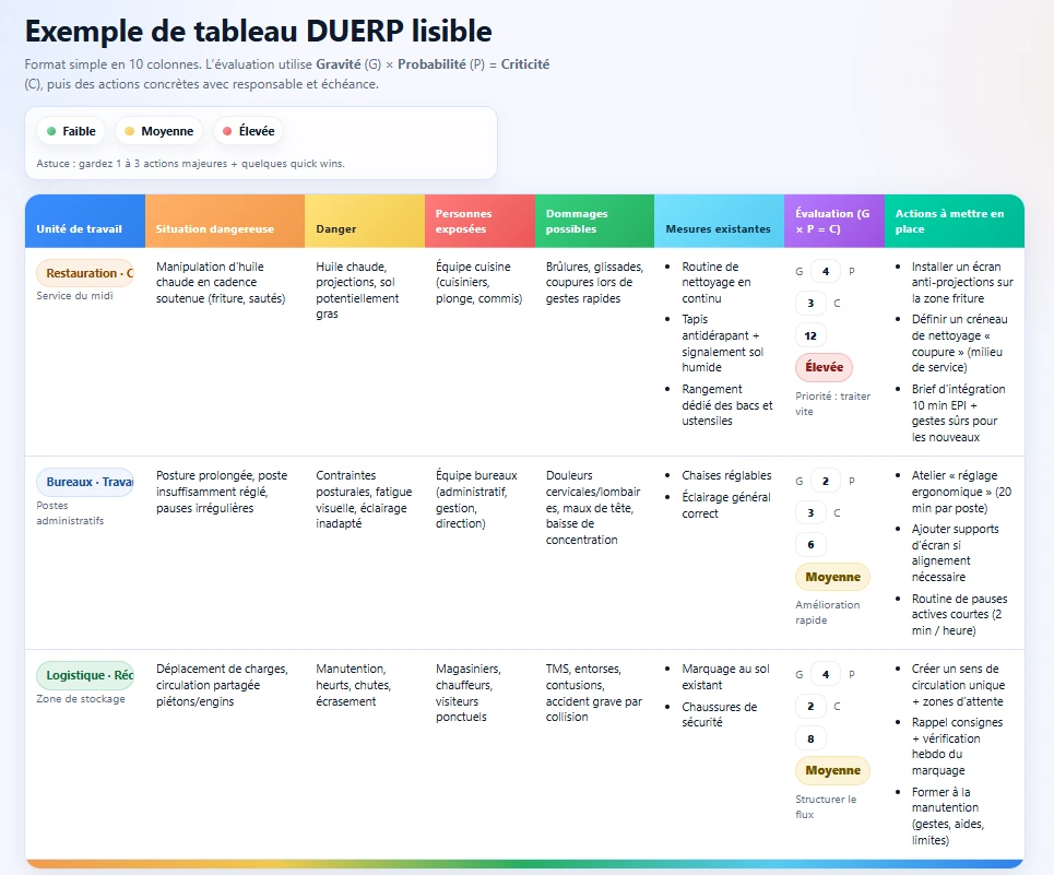 Exemple : tableau DUERP lisible sur une page