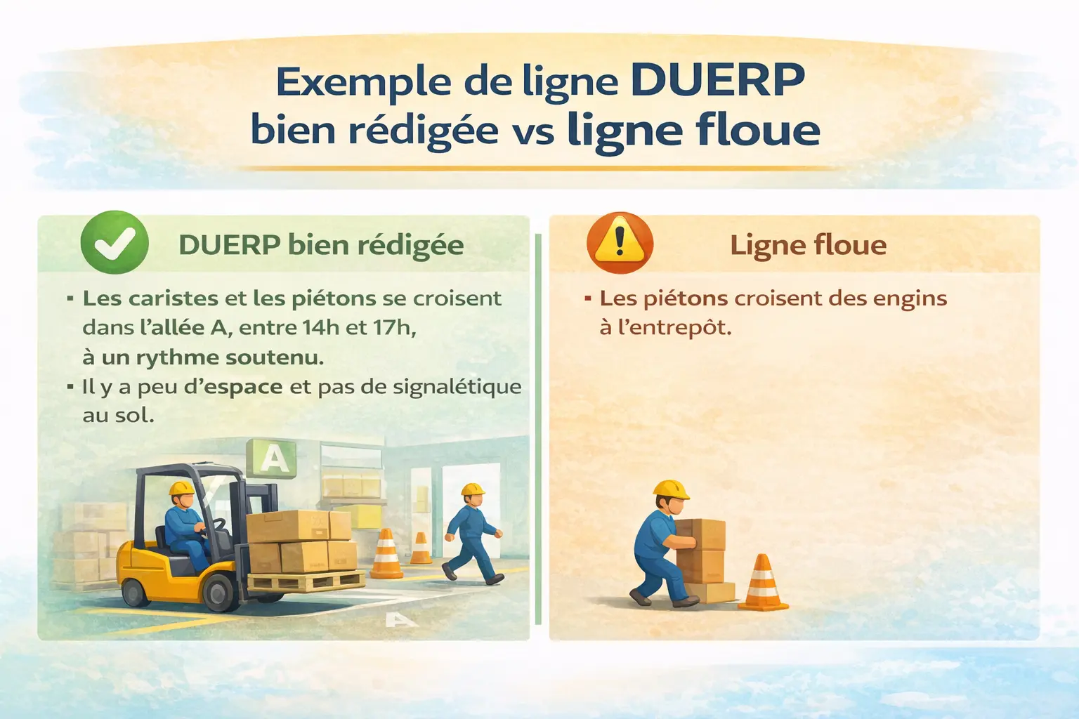 Comparaison : exemple de ligne DUERP bien rédigée versus ligne floue